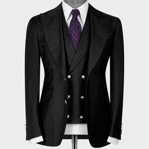Men's Black Double-Breasted Suit Jacket with Matching Vest. Made in Turkey.